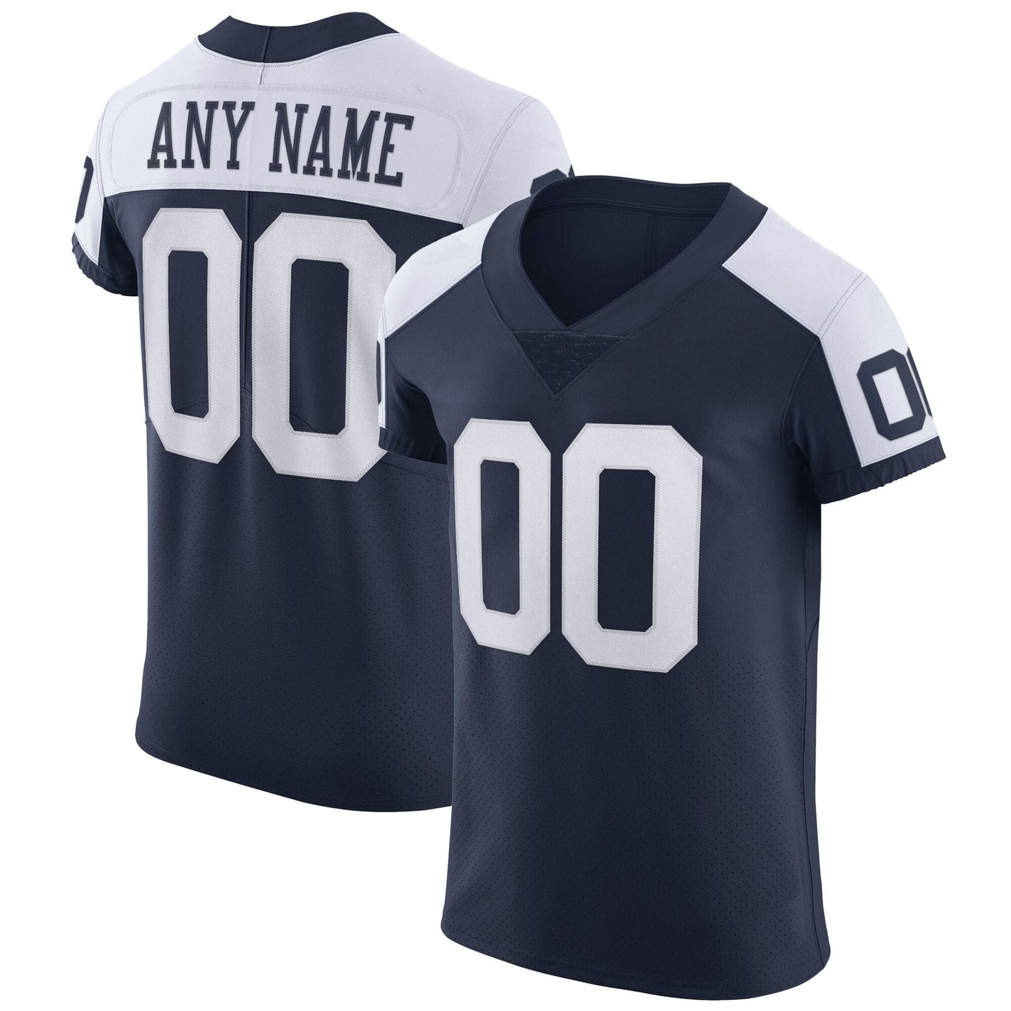 Camiseta de fútbol personalizada premium para hombre: azul y blanca, bicolor, con nombre y número personalizados.