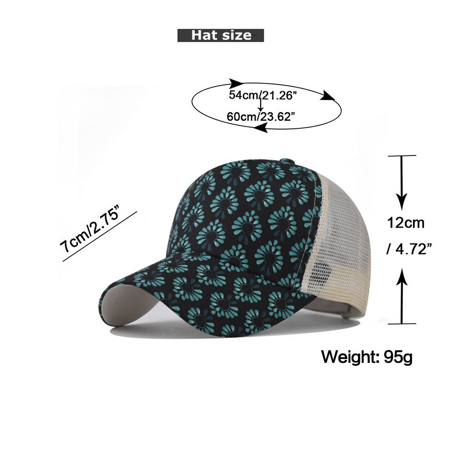 New Ponytail Baseball Cap with Printed Floral Design Open Back Hat for Women-2213