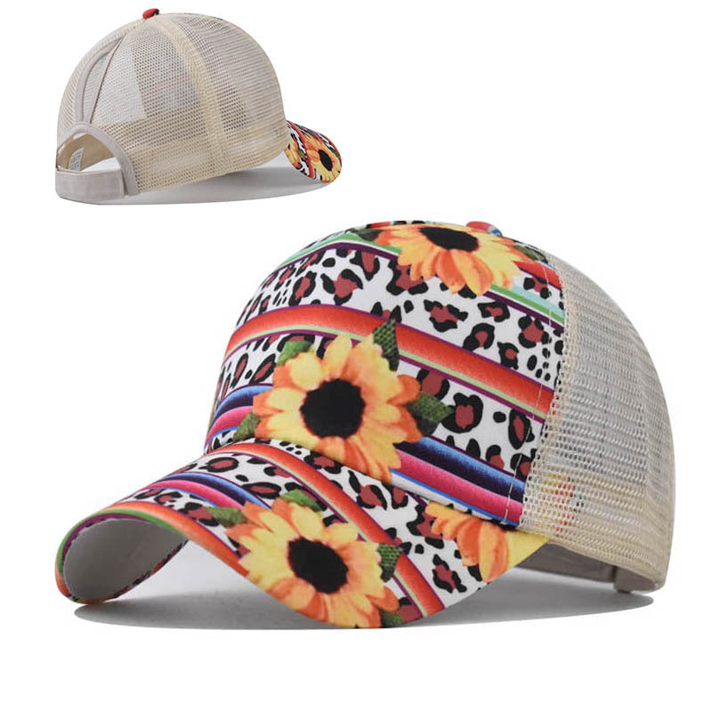 New Printed Ponytail Baseball Cap with Chrysanthemum Open Back Design for Women-2211