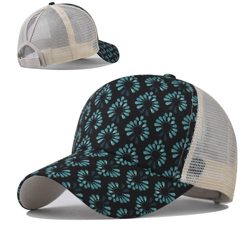 New Ponytail Baseball Cap with Printed Floral Design Open Back Hat for Women-2213