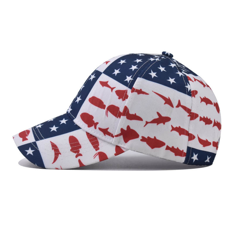 New Embroidered American Flag Baseball Cap Classic Fish Print Duckbill Hat for Men & Women-2200