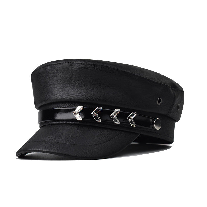 PU Leather Beret Octagonal Cap Crocodile Pattern Military Hat-1646