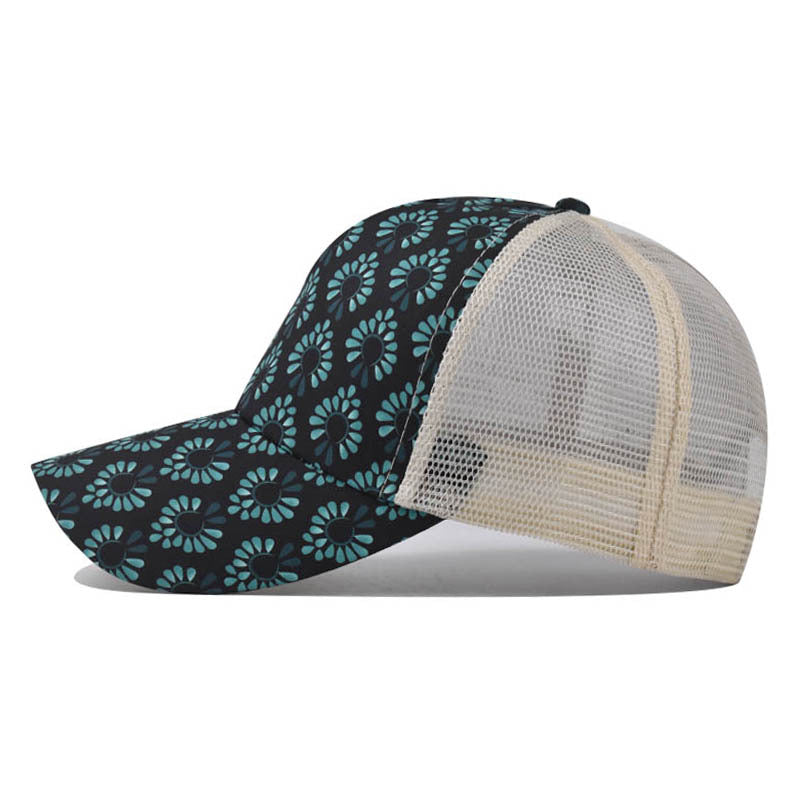 New Ponytail Baseball Cap with Printed Floral Design Open Back Hat for Women-2213