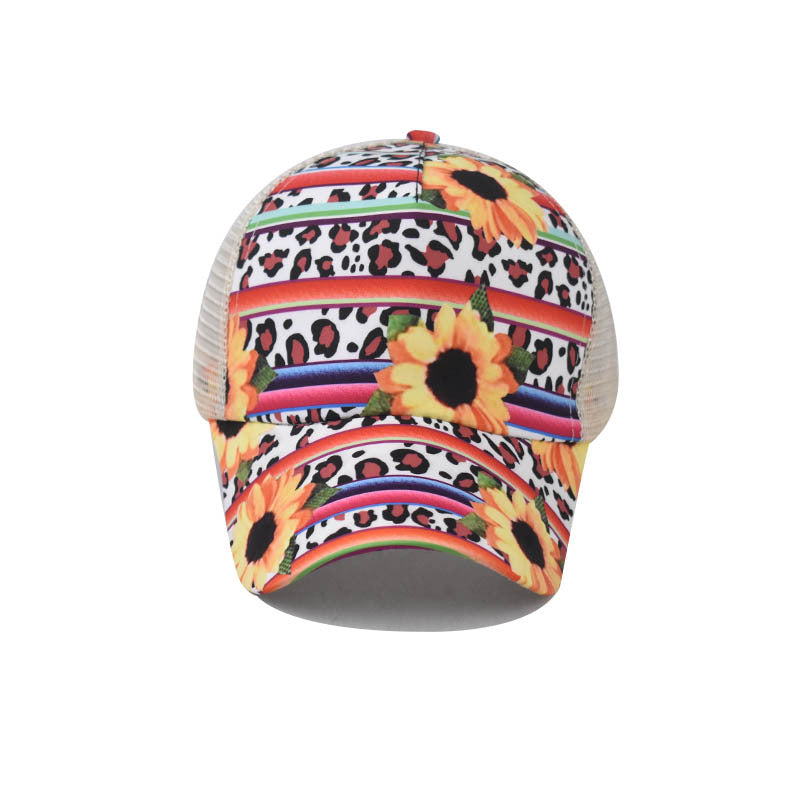 New Printed Ponytail Baseball Cap with Chrysanthemum Open Back Design for Women-2211