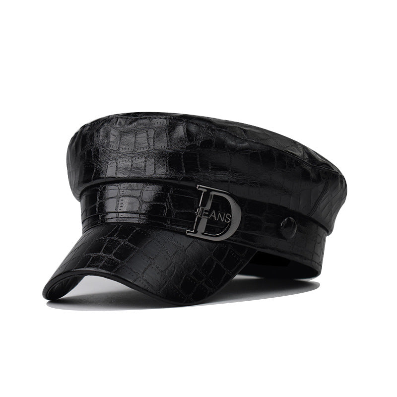 PU Leather Beret Octagonal Cap Letter D Military Style Hat-1644