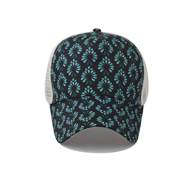 New Ponytail Baseball Cap with Printed Floral Design Open Back Hat for Women-2213