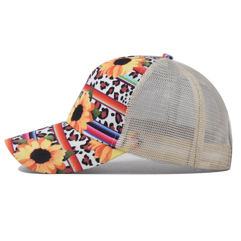 New Printed Ponytail Baseball Cap with Chrysanthemum Open Back Design for Women-2211