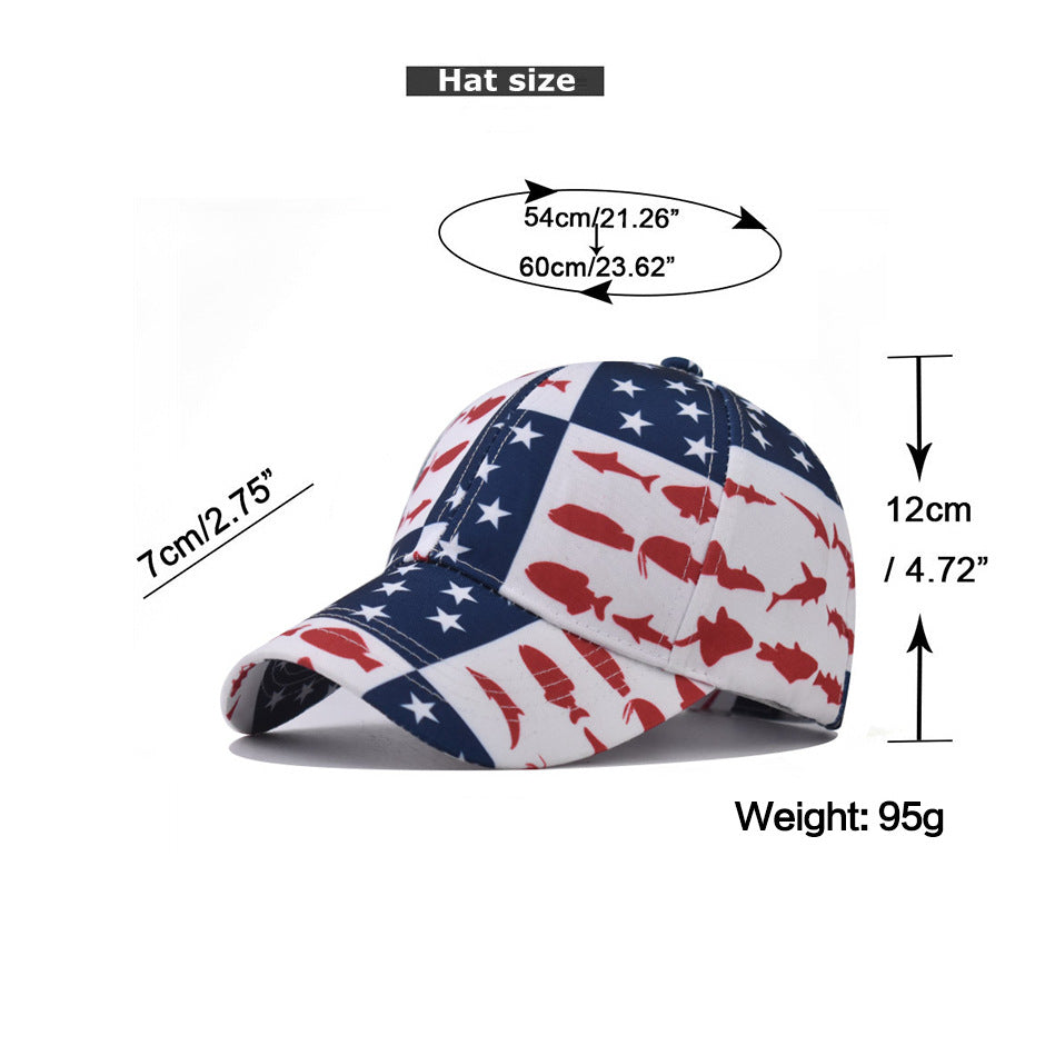 New Embroidered American Flag Baseball Cap Classic Fish Print Duckbill Hat for Men & Women-2200