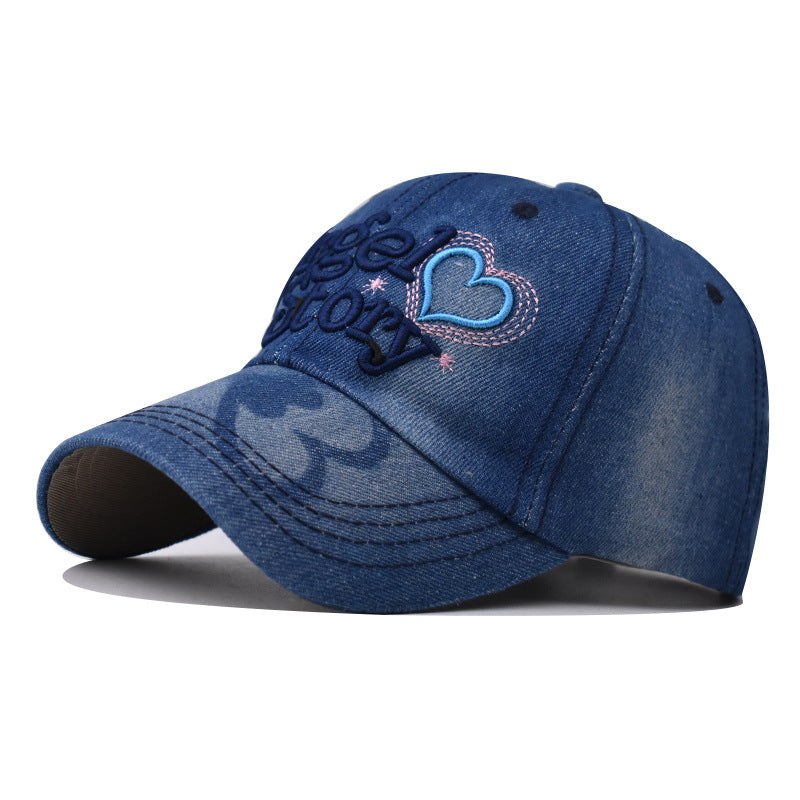 New Washed Denim Baseball Cap Heart Embroidered Casual Duckbill Hat for Men & Women-2334