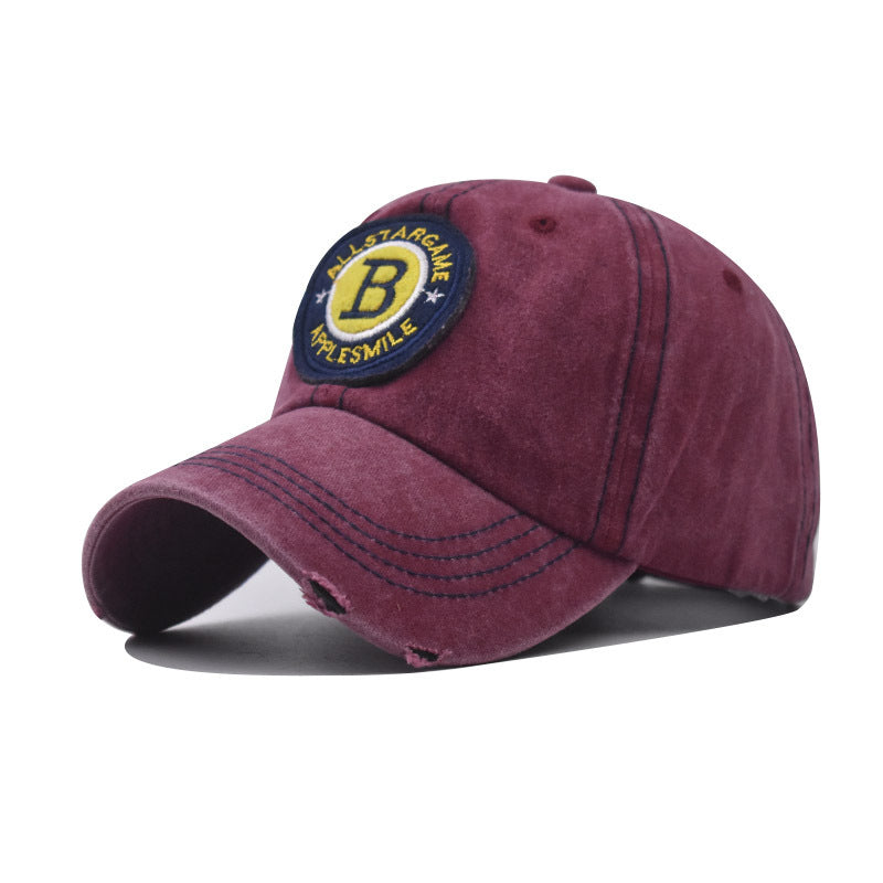 Washed Cotton Baseball Cap with B Letter Embroidery Vintage Outdoor Sunshade Hat for Men & Women-2028
