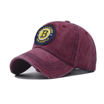 Washed Cotton Baseball Cap with B Letter Embroidery Vintage Outdoor Sunshade Hat for Men & Women-2028