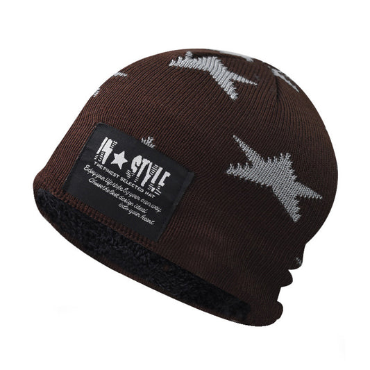 Autumn Winter Knitted Beanie Warm Fleece Lined Parent-Child Hat Star Embroidery Earflap Skull Cap-AA1612