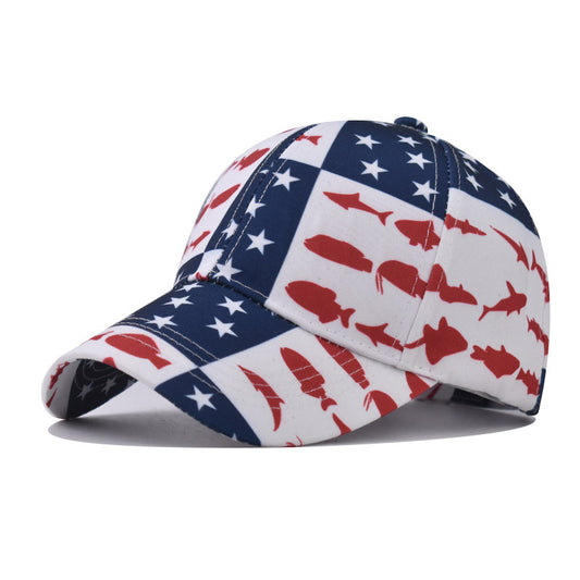 New Embroidered American Flag Baseball Cap Classic Fish Print Duckbill Hat for Men & Women-2200
