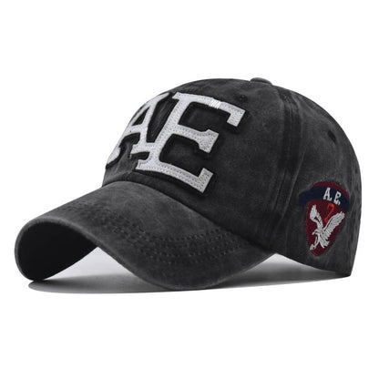 New AE Embroidered Baseball Cap with Large Letters Vintage Washed Eagle Design Duckbill Hat for Men & Women-2121