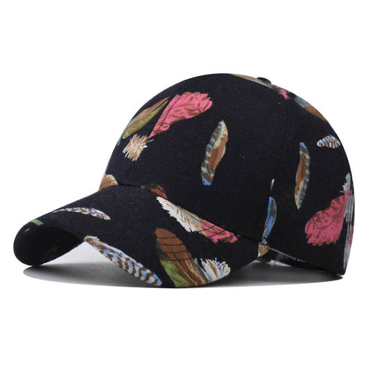 New Cotton Baseball Cap with Colorful Feather Print Outdoor Unisex Duckbill Sunshade Hat for Men & Women-2255