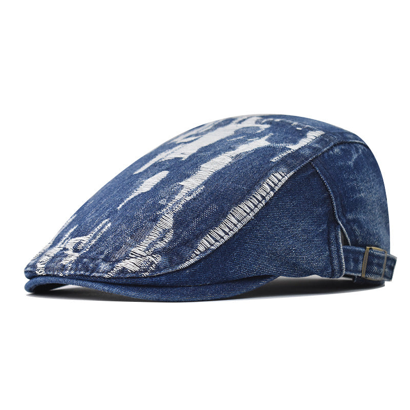 Spring Summer Autumn Distressed Denim Hat Fashion Washed Cotton Beret Cap Large Size Newsboy Cap for Men & Women-1787