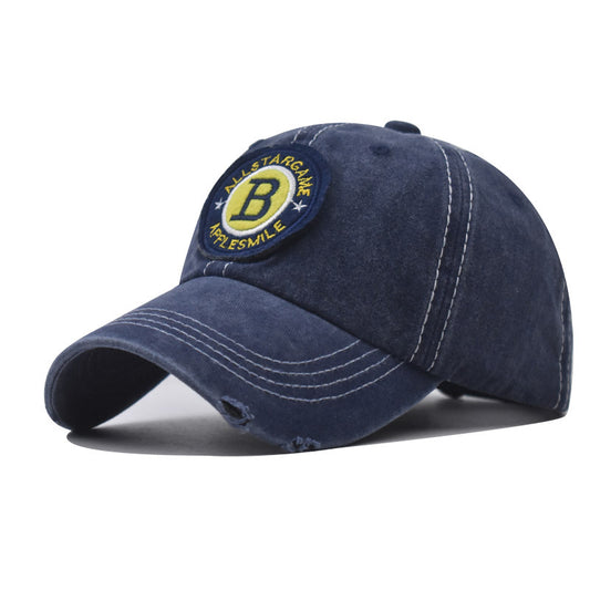 Washed Cotton Baseball Cap with B Letter Embroidery Vintage Outdoor Sunshade Hat for Men & Women-2028