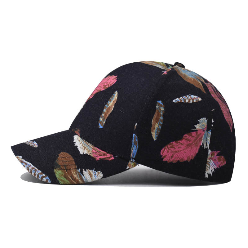 New Cotton Baseball Cap with Colorful Feather Print Outdoor Unisex Duckbill Sunshade Hat for Men & Women-2255