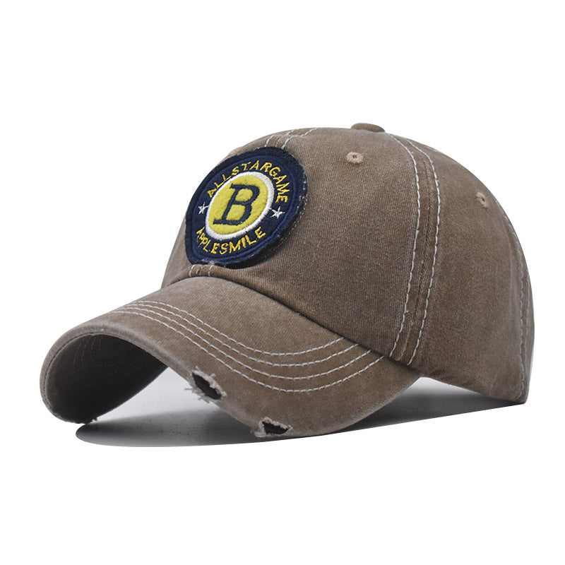 Washed Cotton Baseball Cap with B Letter Embroidery Vintage Outdoor Sunshade Hat for Men & Women-2028