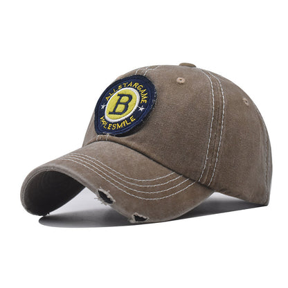 Washed Cotton Baseball Cap with B Letter Embroidery Vintage Outdoor Sunshade Hat for Men & Women-2028
