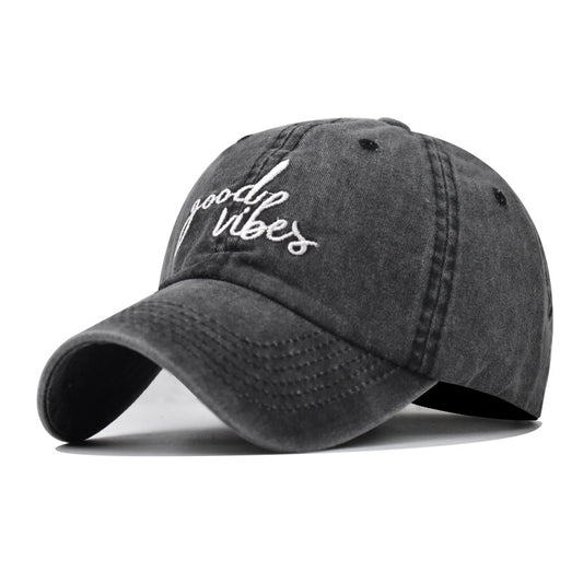 Washed Cotton Baseball Cap Good Vibes Embroidery Small Letter Distressed Hat-1560