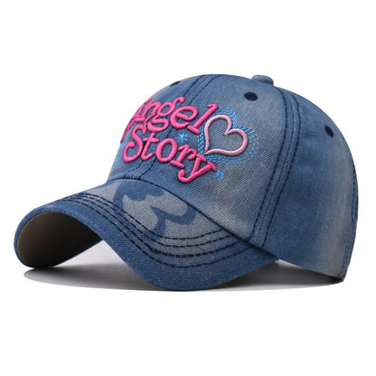 New Washed Denim Baseball Cap Heart Embroidered Casual Duckbill Hat for Men & Women-2334