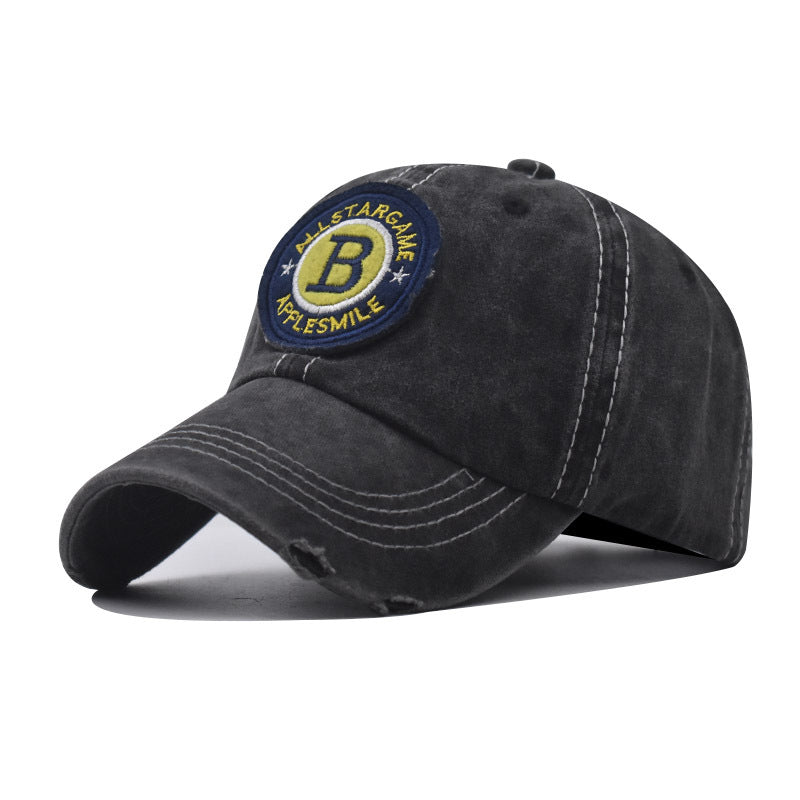 Washed Cotton Baseball Cap with B Letter Embroidery Vintage Outdoor Sunshade Hat for Men & Women-2028