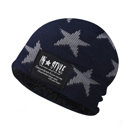 Autumn Winter Knitted Beanie Warm Fleece Lined Parent-Child Hat Star Embroidery Earflap Skull Cap-AA1612
