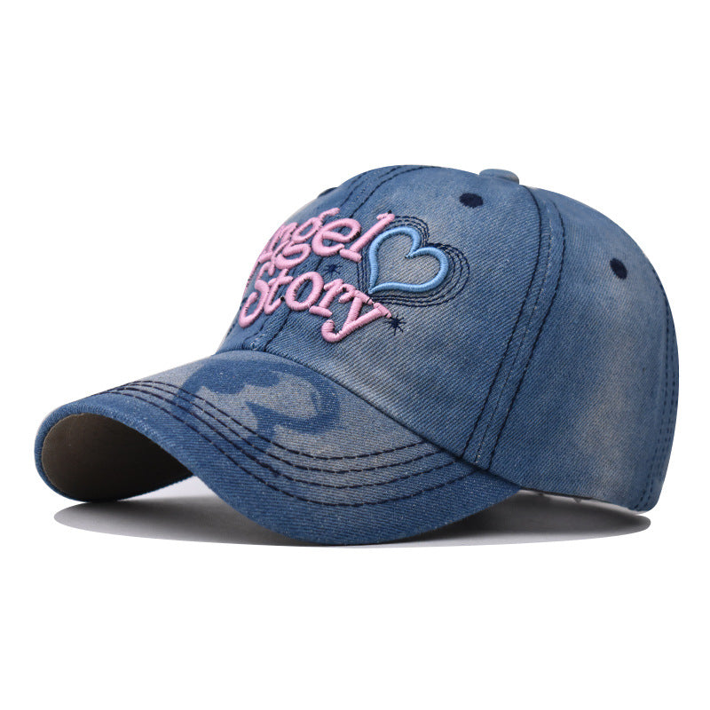 New Washed Denim Baseball Cap Heart Embroidered Casual Duckbill Hat for Men & Women-2334