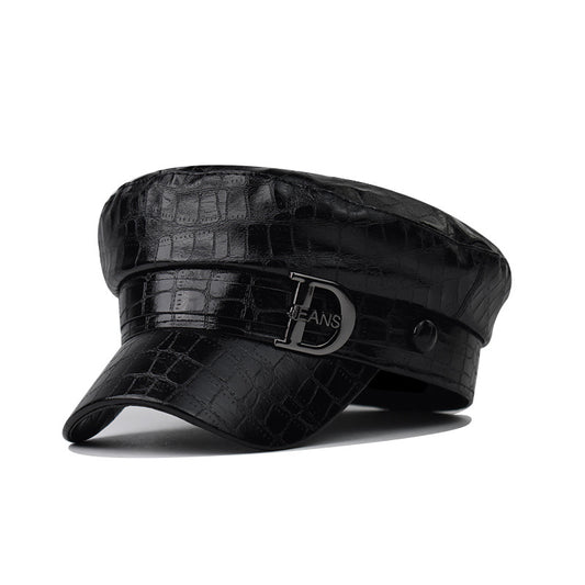 PU Leather Beret Octagonal Cap Letter D Military Style Hat-1644