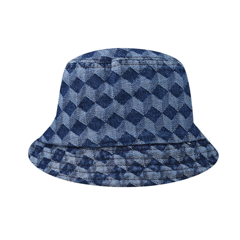 Classic Summer Square Jacquard Denim Fisherman Bucket Hat Sunshade Basin Hat for Men & Women-1790