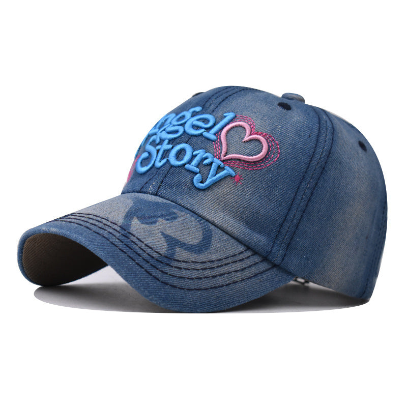 New Washed Denim Baseball Cap Heart Embroidered Casual Duckbill Hat for Men & Women-2334