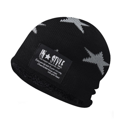 Autumn Winter Knitted Beanie Warm Fleece Lined Parent-Child Hat Star Embroidery Earflap Skull Cap-AA1612