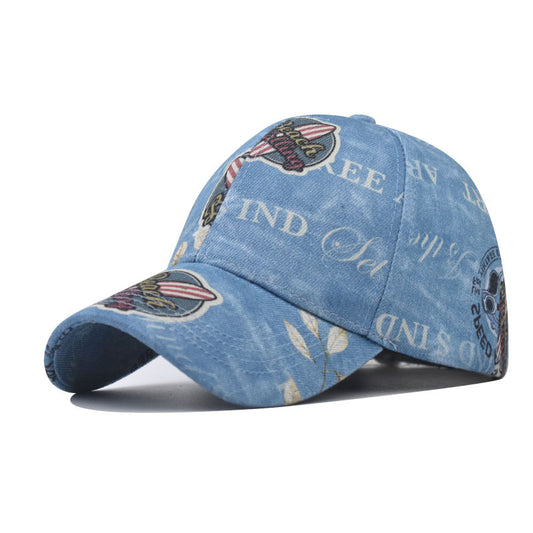 Thick Denim Baseball Cap Printed Washed Cotton Simple Outdoor Duckbill Hat for Men & Women-2033