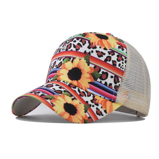 New Printed Ponytail Baseball Cap with Chrysanthemum Open Back Design for Women-2211