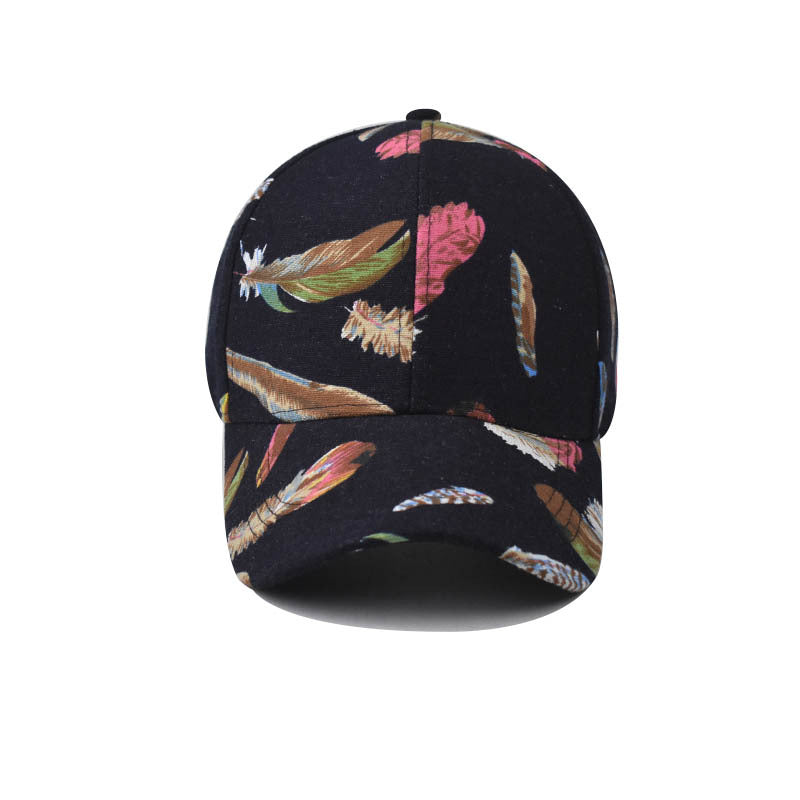 New Cotton Baseball Cap with Colorful Feather Print Outdoor Unisex Duckbill Sunshade Hat for Men & Women-2255