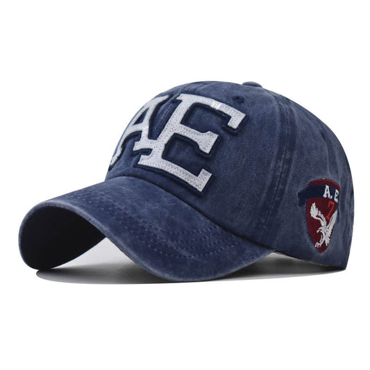 New AE Embroidered Baseball Cap with Large Letters Vintage Washed Eagle Design Duckbill Hat for Men & Women-2121