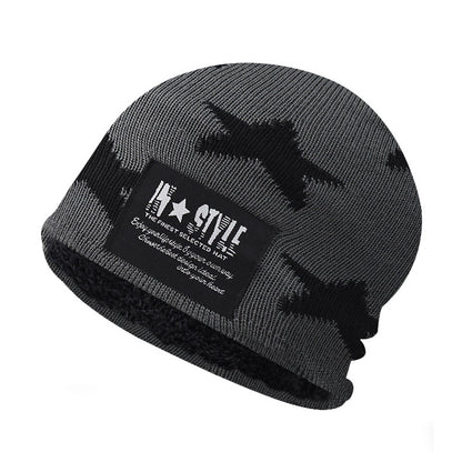Autumn Winter Knitted Beanie Warm Fleece Lined Parent-Child Hat Star Embroidery Earflap Skull Cap-AA1612